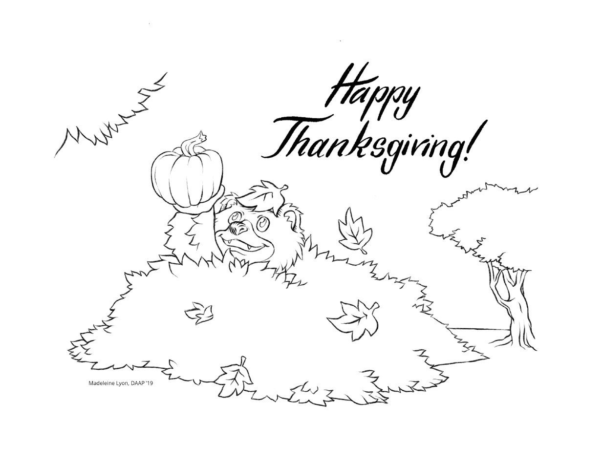 illustration of Bearcat playing in a pile of leaves and holding a pumpkin