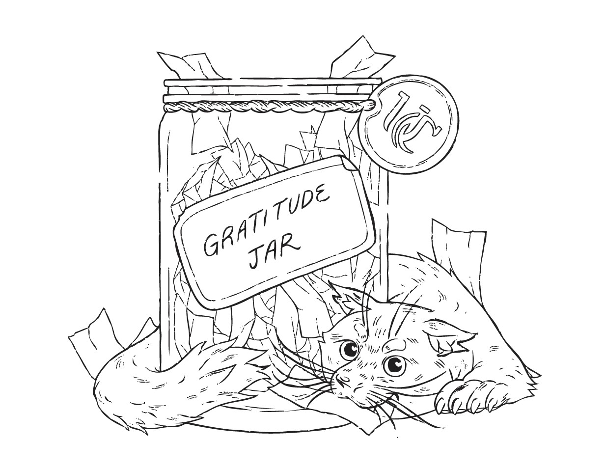 Illustration of the Bearcat curled up with a jar that say "gratitude jar"