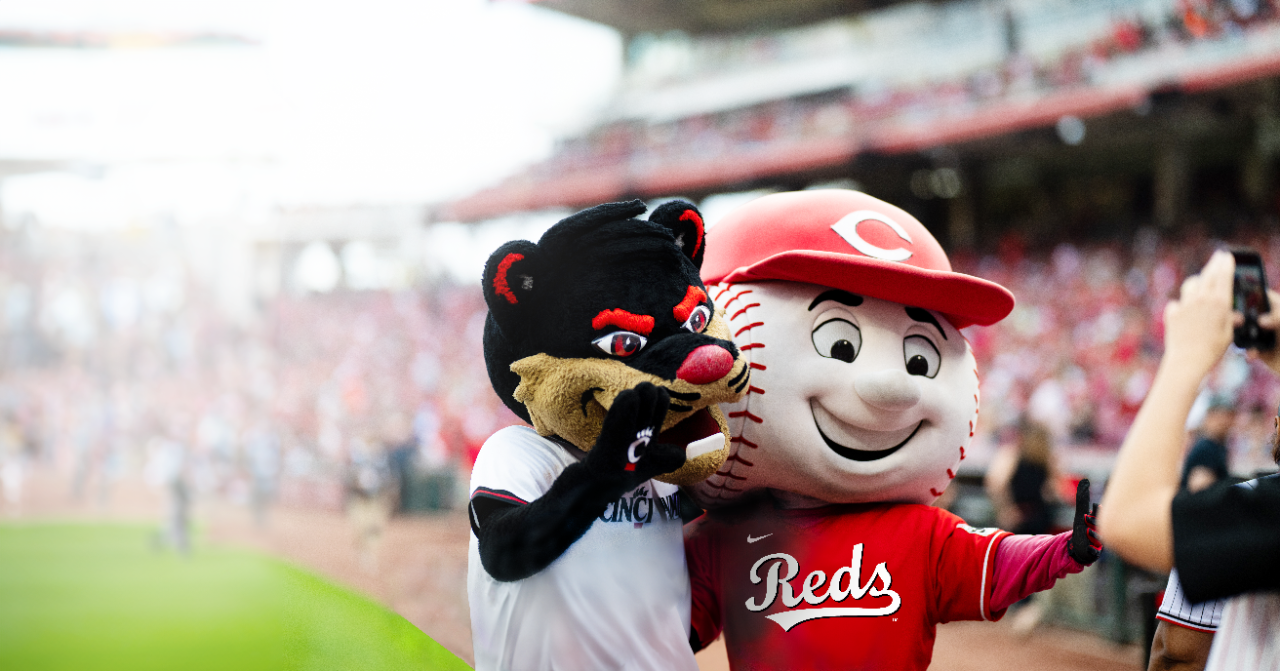 Bearcat and Mr. Red Smiling at Great American Ball Park